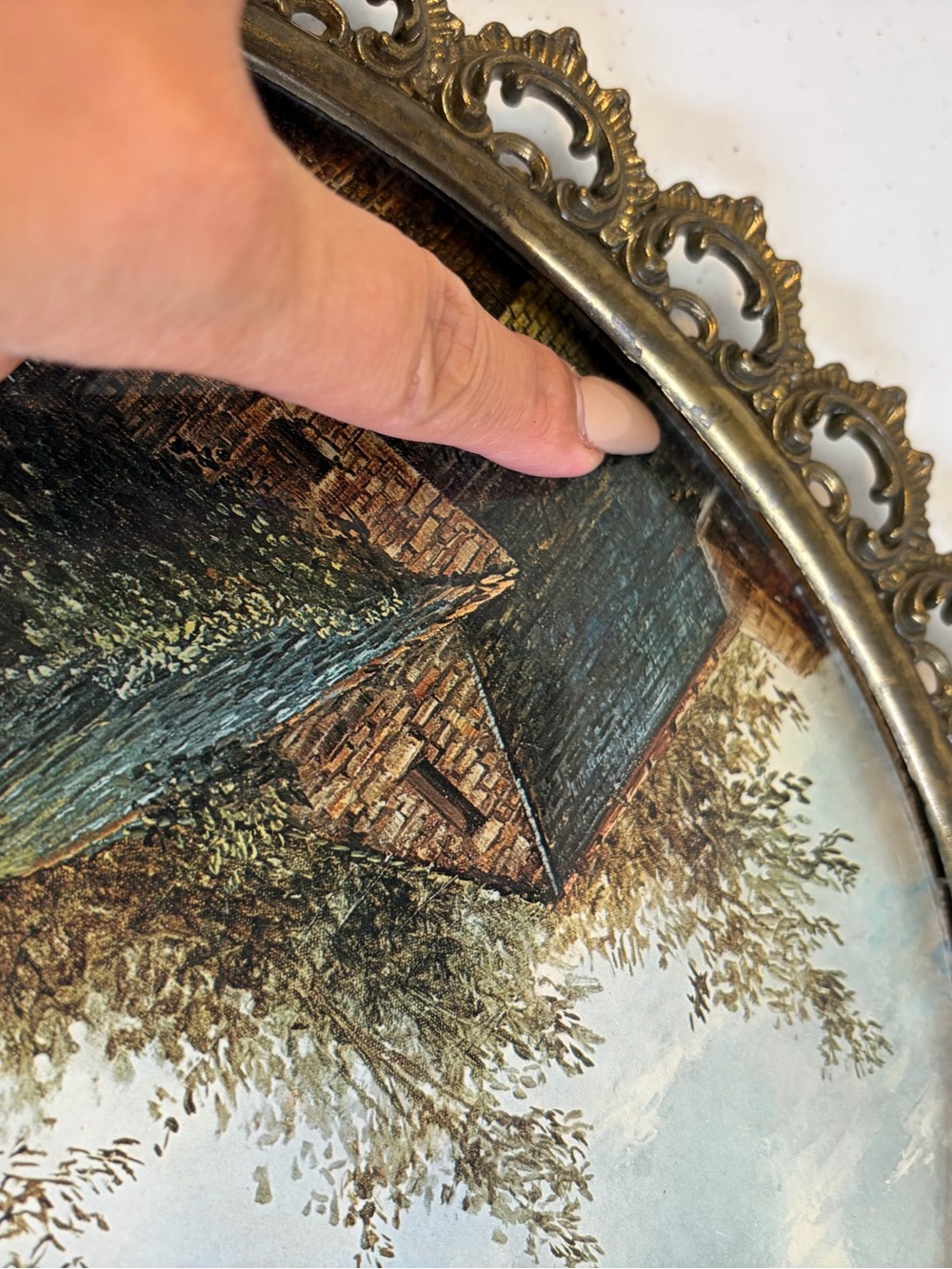 Vintage Convex Glass Landscape Art Ornate Metal Oval Frame Rococo Wall Decor - Picture 7 of 10